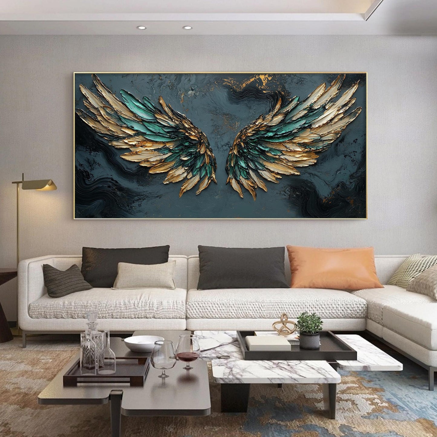 Emerald Green Gold Angel Wings – Emerald and Green Abstract Wall Art | Impasto Hand-Painted Painting, view 1