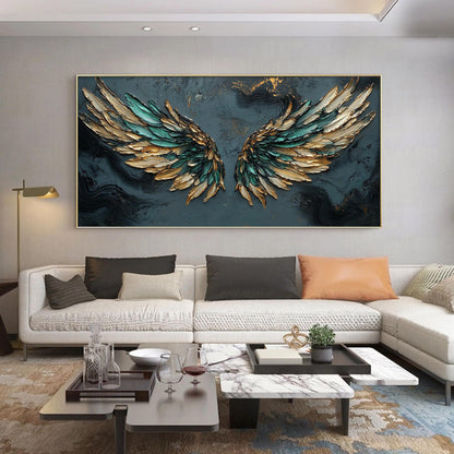 Emerald Green Gold Angel Wings – Emerald and Green Abstract Wall Art | Impasto Hand-Painted Painting, view 1