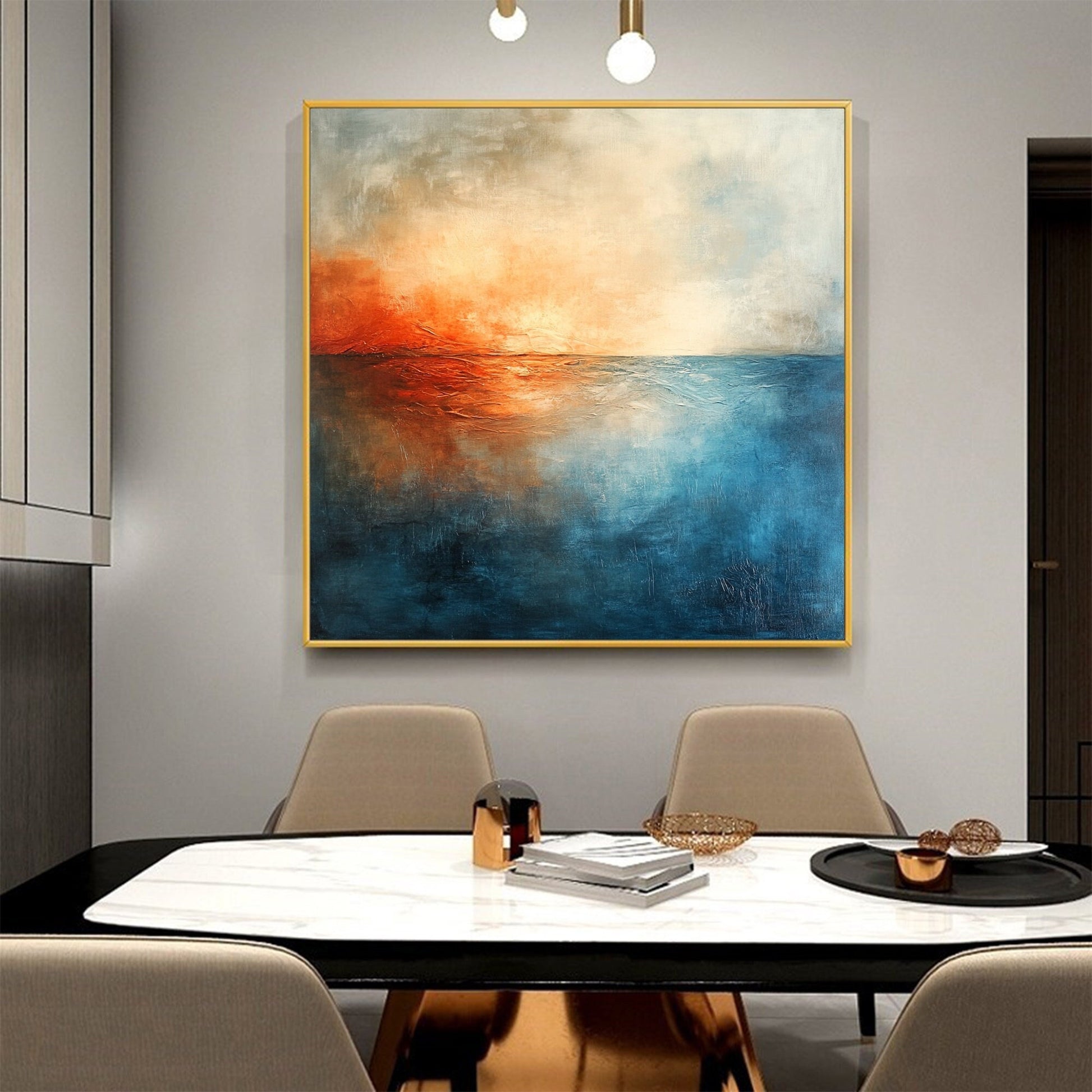 Hand-Painted Ocean Sunset Oil Painting – Blue and Orange Sunset Abstract Wall Art | Hand-Painted Oil Painting, view 1