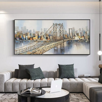 Abstract Manhattan Bridge Oil Painting, New York City Skyline Canvas Wall Art – City Skyline Architecture Wall Art | Abstract