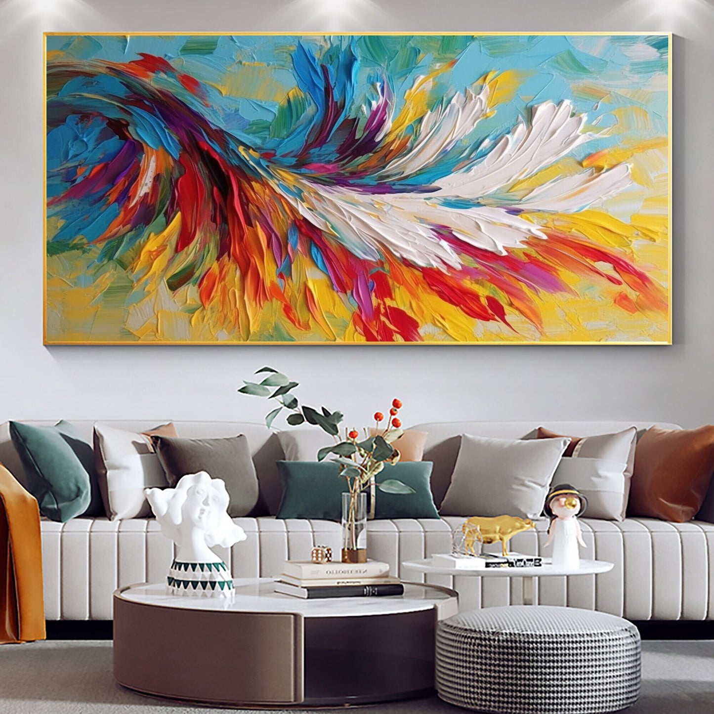 Colorful Abstract Bird Feathers Oil Painting – Large Animal Wall Art