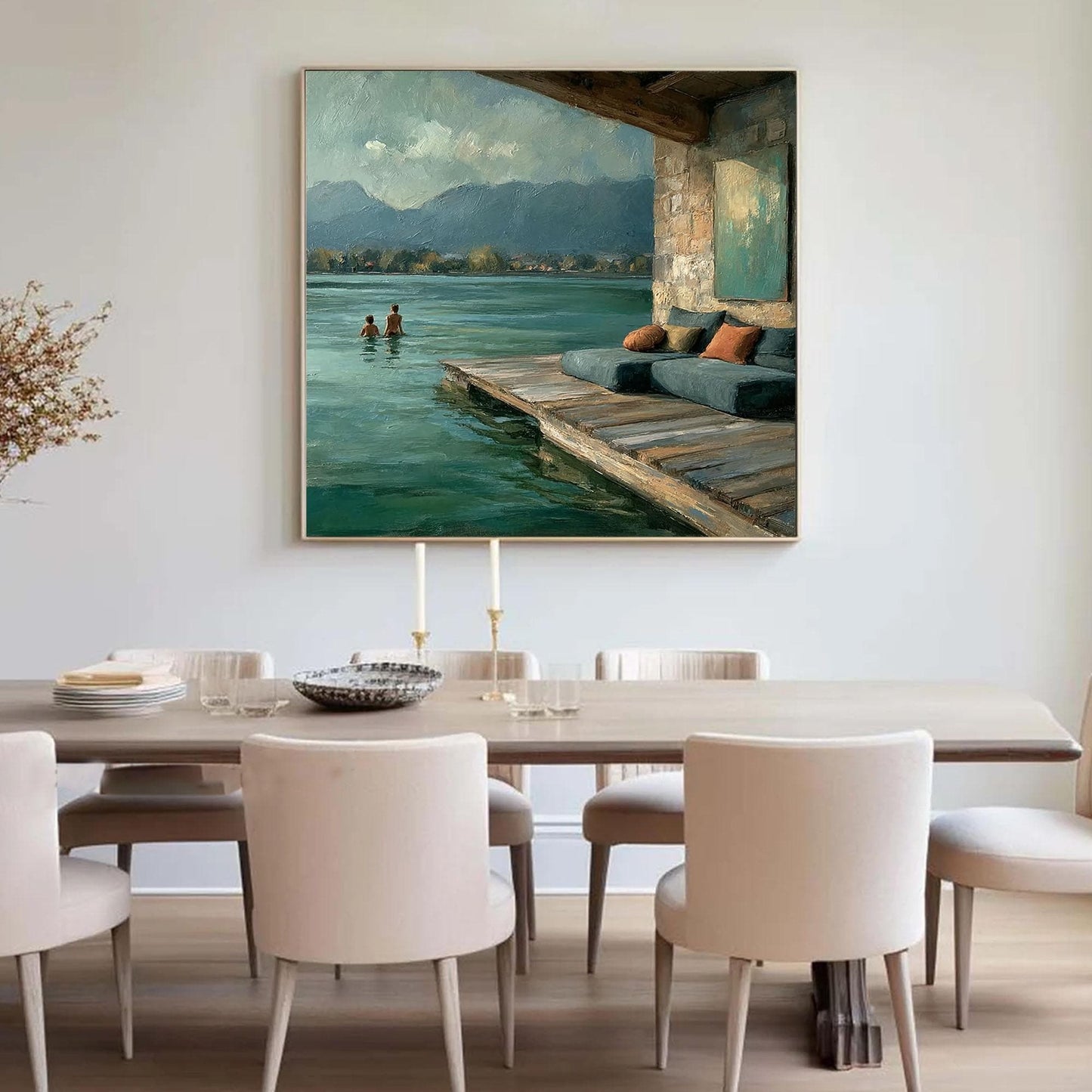 Tranquil Lakeside Dock Landscape Wall Art – Original Lakeside Oil Painting
