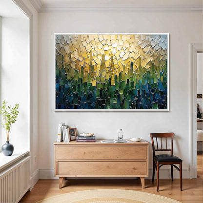 Gold & Green Impasto City Architecture Wall Art – Textured Cityscape Oil Painting