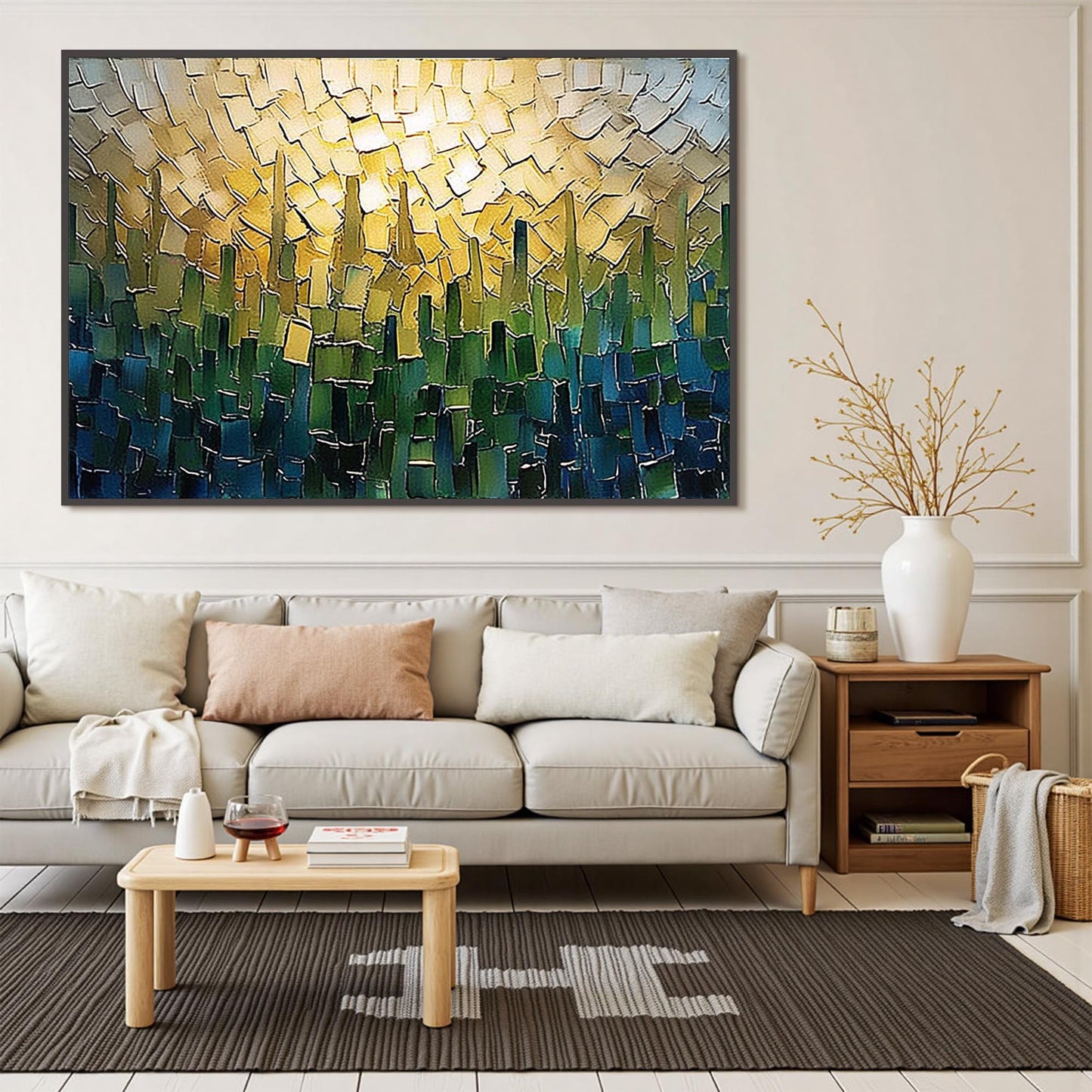 Textured Cityscape Oil Painting, Gold & Green Impasto Canvas Art – Green and Gold Urban Abstract City Architecture Wall Art |