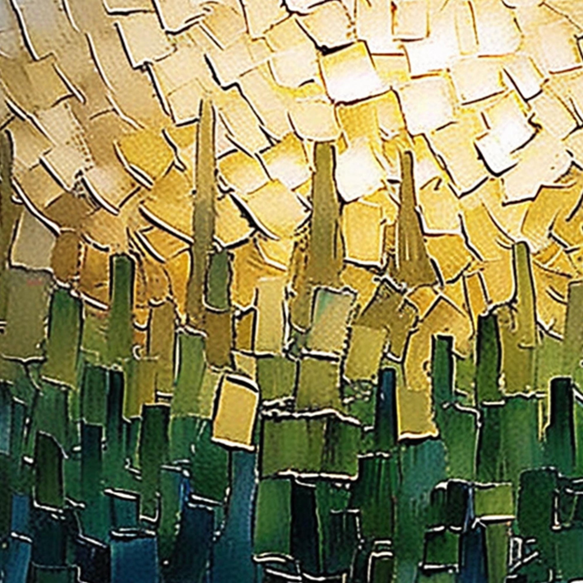 Textured Cityscape Oil Painting, Gold & Green Impasto Canvas Art – Green and Gold Urban Abstract City Architecture Wall Art |