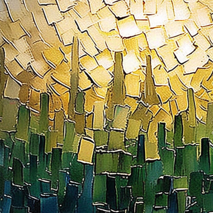 Textured Cityscape Oil Painting, Gold & Green Impasto Canvas Art – Green and Gold Urban Abstract City Architecture Wall Art |