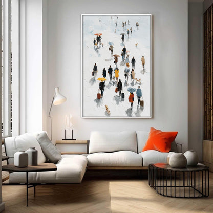 Abstract City Stroll Oil Painting, Colorful Urban Crowd Wall Art, Living Room Decor – Colorful Cityscape City Architecture Wa