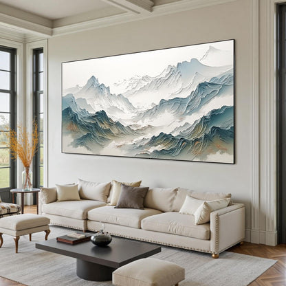 Textured Mountain Painting, Abstract Landscape Canvas Art, Japandi Living Room Decor – Blue and White Valley Landscape Wall A