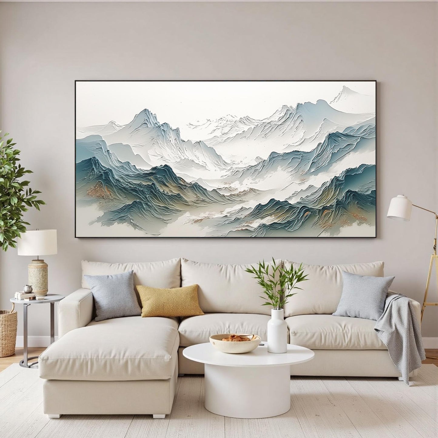 Textured Mountain Painting, Abstract Landscape Canvas Art, Japandi Living Room Decor – Blue and White Valley Landscape Wall A