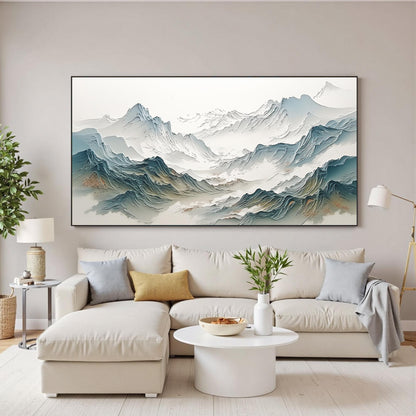 Textured Mountain Painting, Abstract Landscape Canvas Art, Japandi Living Room Decor – Blue and White Valley Landscape Wall A