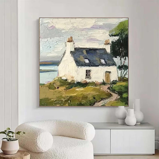 Coastal Cottage Landscape Wall Art Green White House Canvas Painting for Living Room Decor