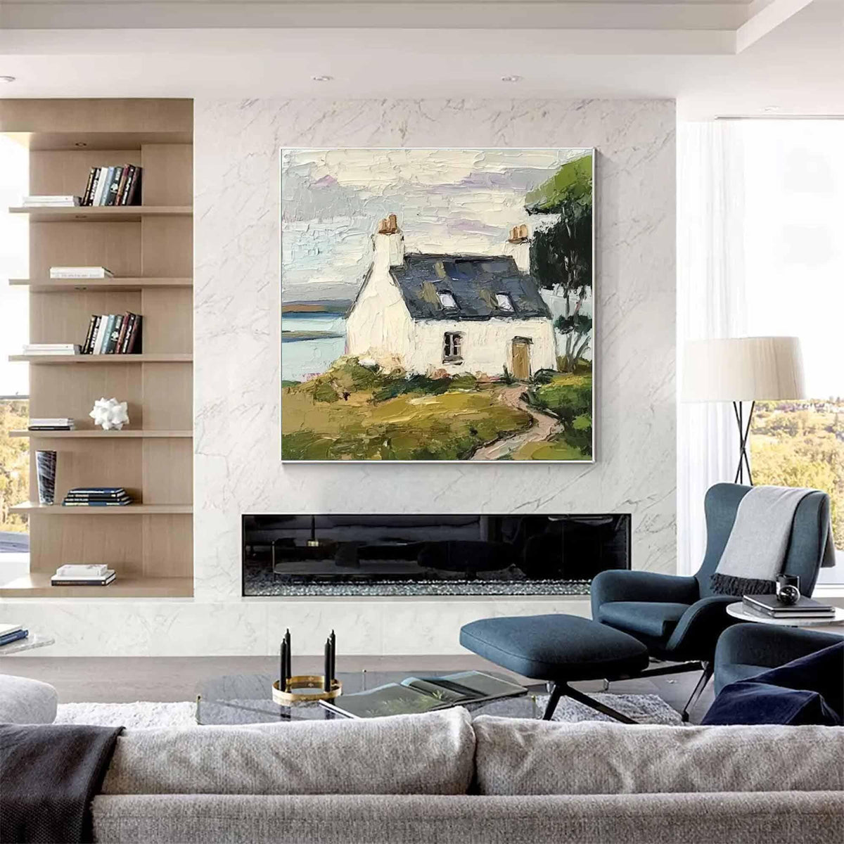Coastal Cottage Landscape Wall Art Green White House Canvas Painting for Living Room Decor