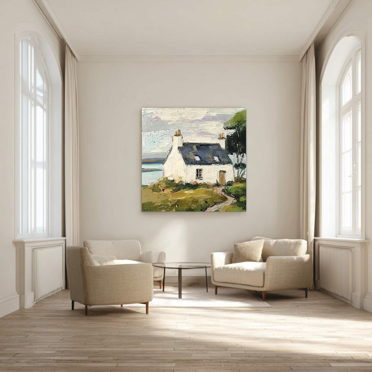 Coastal Cottage Landscape Wall Art Green White House Canvas Painting for Living Room Decor