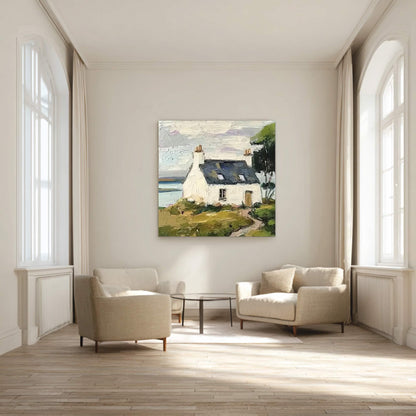 Coastal Cottage Landscape Wall Art Green White House Canvas Painting for Living Room Decor