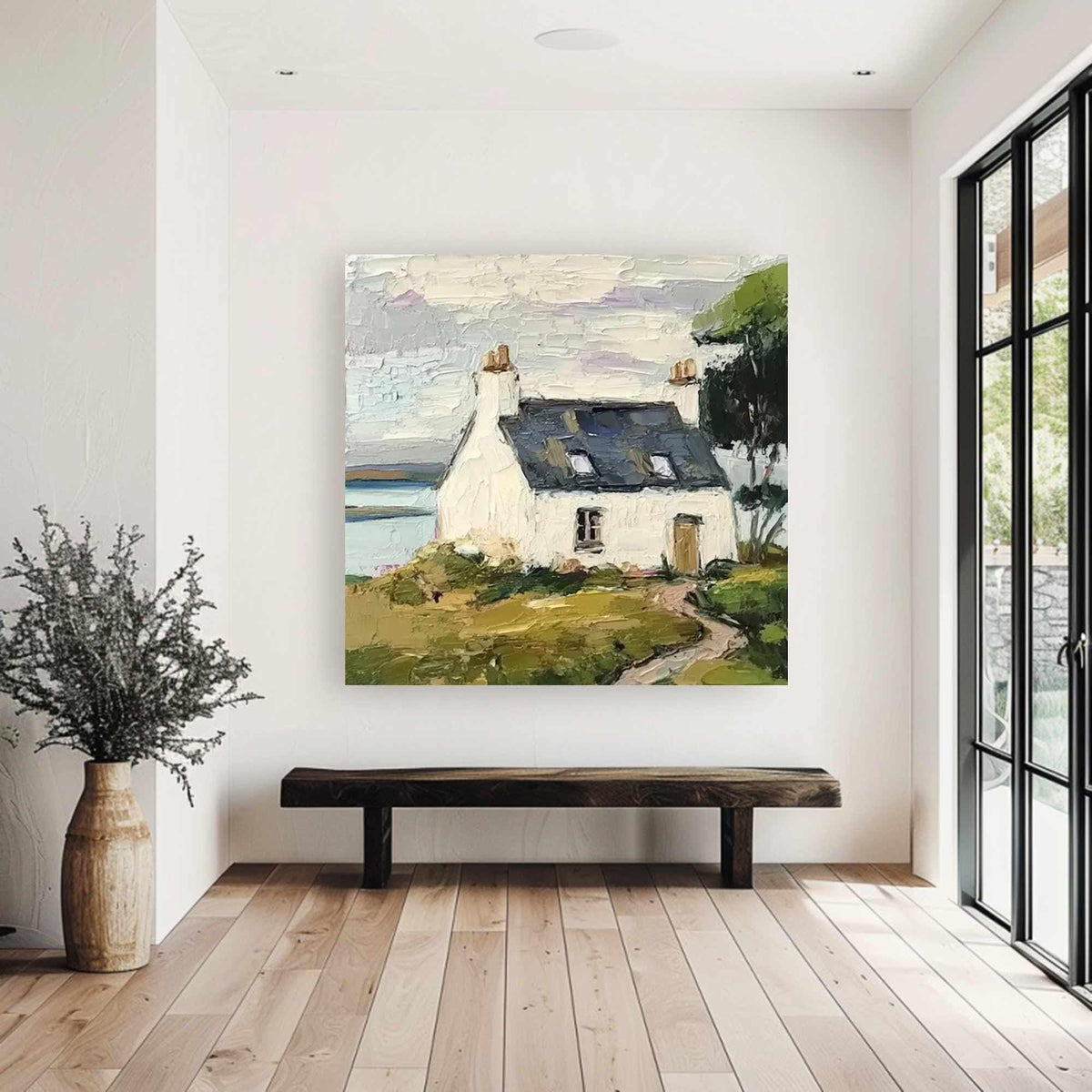 Coastal Cottage Landscape Wall Art Green White House Canvas Painting for Living Room Decor