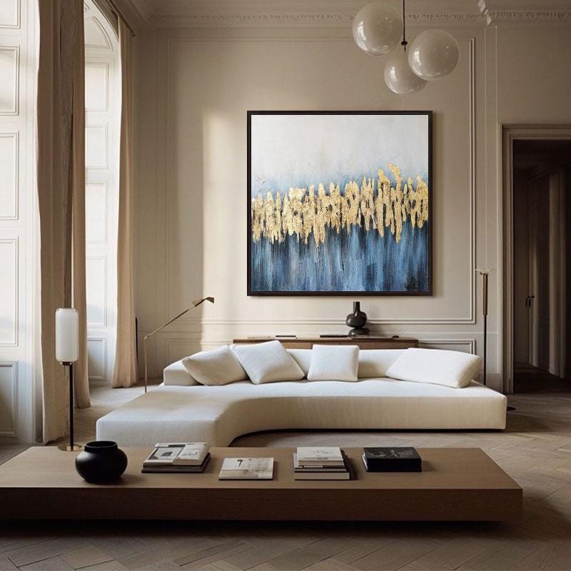 Blue and Gold Abstract Oil Painting on Canvas, Large Original Canvas Wall Art, Modern Minimalist Acrylic Painting for Living Room,home Décor
