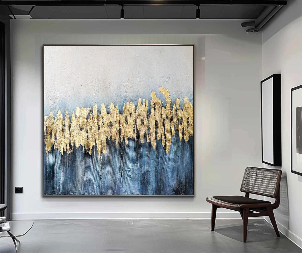 Blue and Gold Abstract Oil Painting on Canvas, Large Original Canvas Wall Art, Modern Minimalist Acrylic Painting for Living Room,home Décor