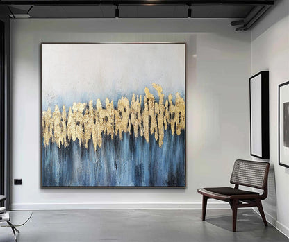 Blue and Gold Abstract Oil Painting on Canvas, Large Original Canvas Wall Art, Modern Minimalist Acrylic Painting for Living Room,home Décor