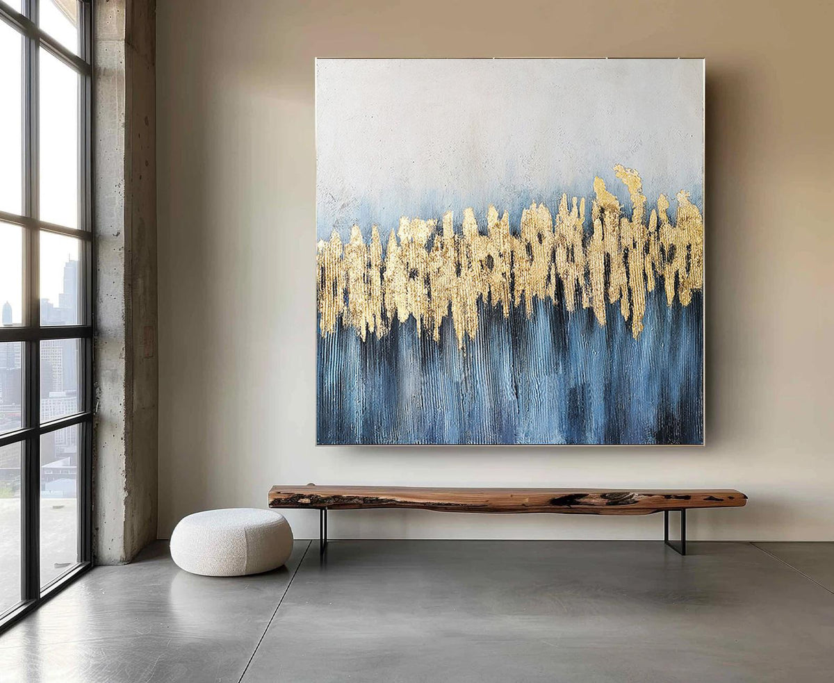 Blue and Gold Abstract Oil Painting on Canvas, Large Original Canvas Wall Art, Modern Minimalist Acrylic Painting for Living Room,home Décor