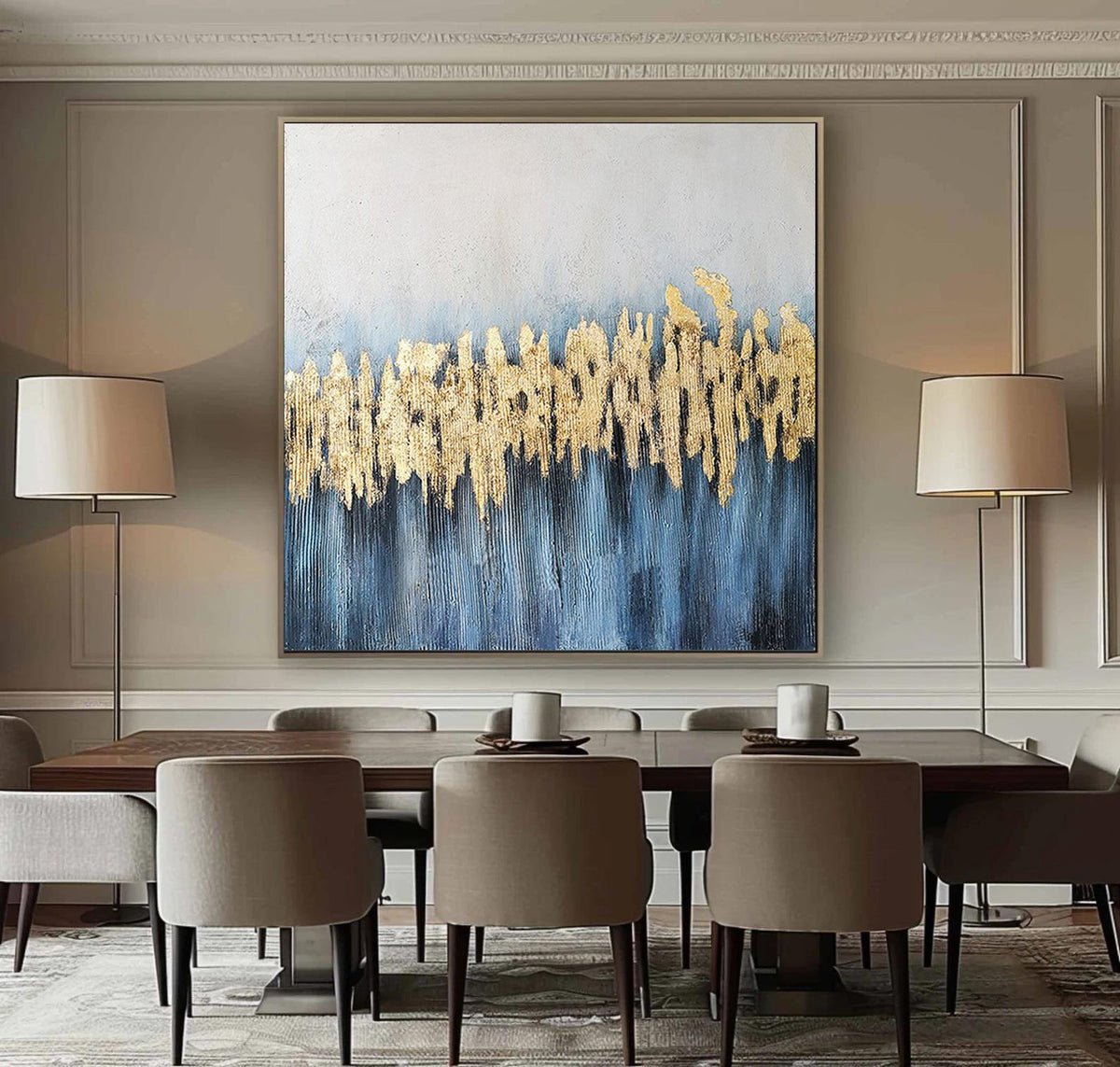 Blue and Gold Abstract Oil Painting on Canvas, Large Original Canvas Wall Art, Modern Minimalist Acrylic Painting for Living Room,home Décor