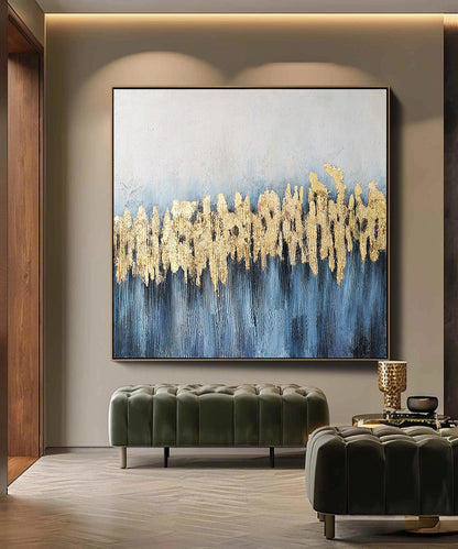 Blue and Gold Abstract Oil Painting on Canvas, Large Original Canvas Wall Art, Modern Minimalist Acrylic Painting for Living Room,home Décor