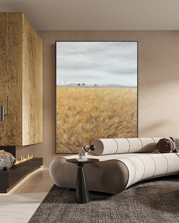 Impressionist Wheat Field Oil Painting on Canvas, Large Original Landscape Canvas Wall Art, Modern Rural Scenery Painting for Living Room