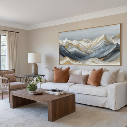 Abstract Golden Peaks Oil Painting, Textured Mountain Wall Art, Living Room Canvas – Gold and Silver Mountain Wall Art | Abst