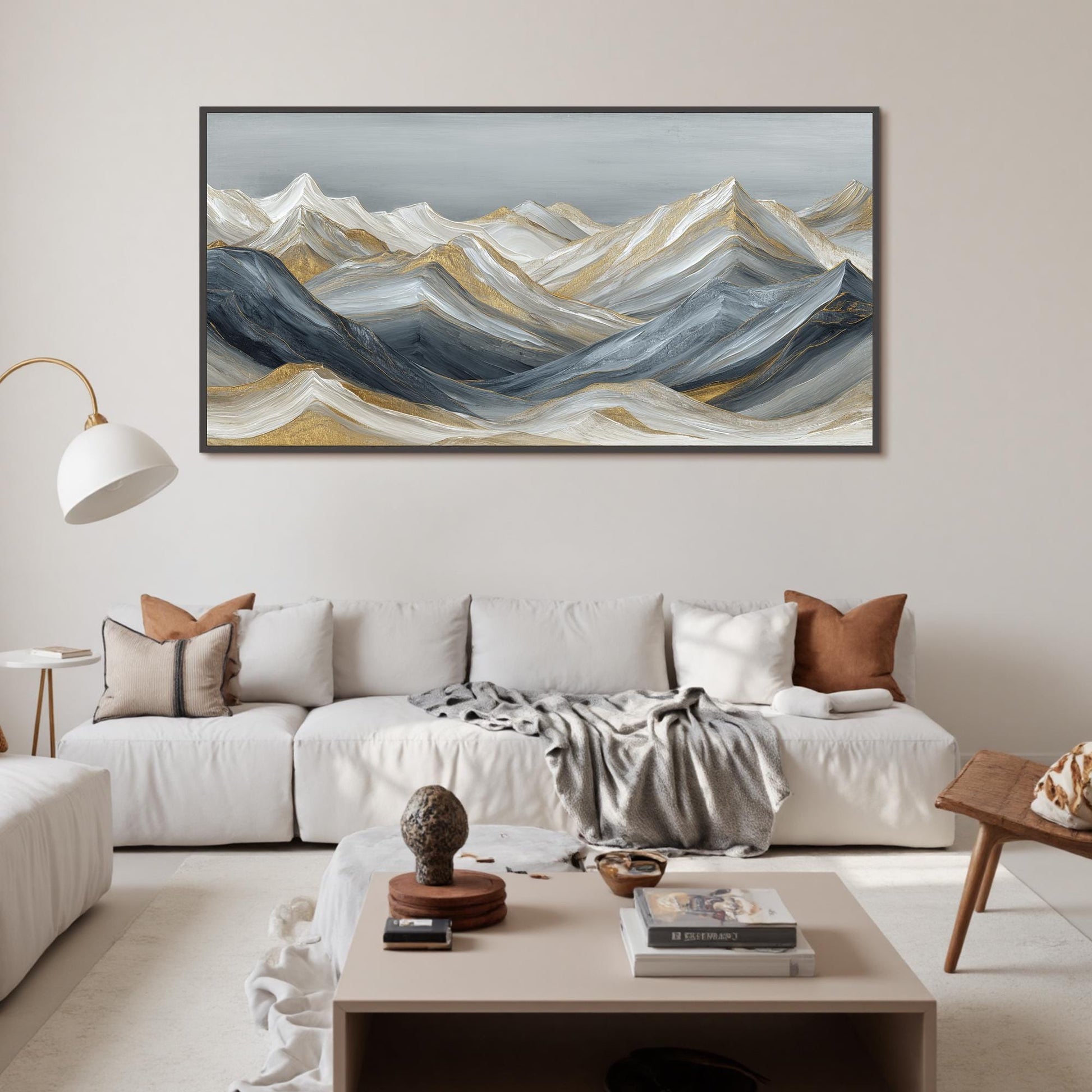 Abstract Golden Peaks Oil Painting, Textured Mountain Wall Art, Living Room Canvas – Gold and Silver Mountain Wall Art | Abst