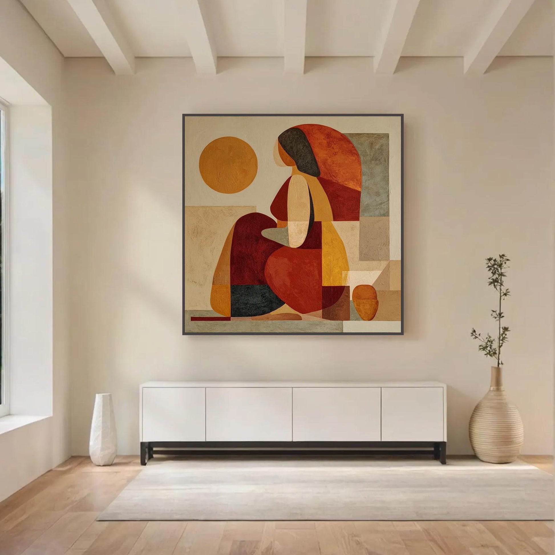 Abstract Woman Oil Painting, Geometric Figure, Earth Tone Wall Art, Square Canvas Boho Decor – Terracotta and Orange Figurati