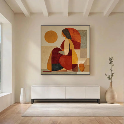 Abstract Woman Oil Painting, Geometric Figure, Earth Tone Wall Art, Square Canvas Boho Decor – Terracotta and Orange Figurati