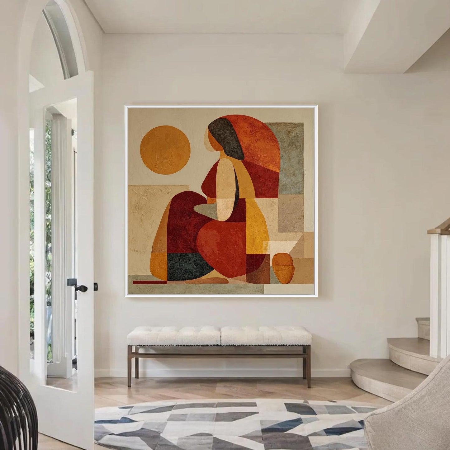 Terracotta and Orange Cubist Figure Portrait Wall Art – Abstract Woman Oil Painting
