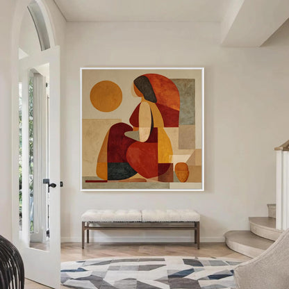 Terracotta and Orange Cubist Figure Portrait Wall Art – Abstract Woman Oil Painting