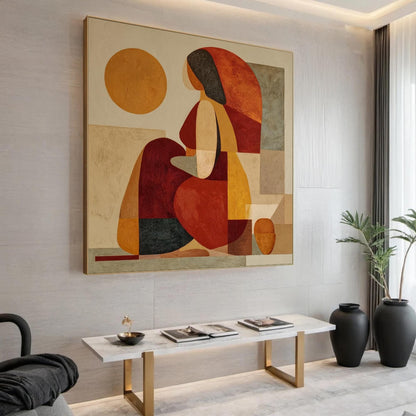 Abstract Woman Oil Painting, Geometric Figure, Earth Tone Wall Art, Square Canvas Boho Decor – Terracotta and Orange Figurati