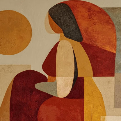 Abstract Woman Oil Painting, Geometric Figure, Earth Tone Wall Art, Square Canvas Boho Decor – Terracotta and Orange Figurati