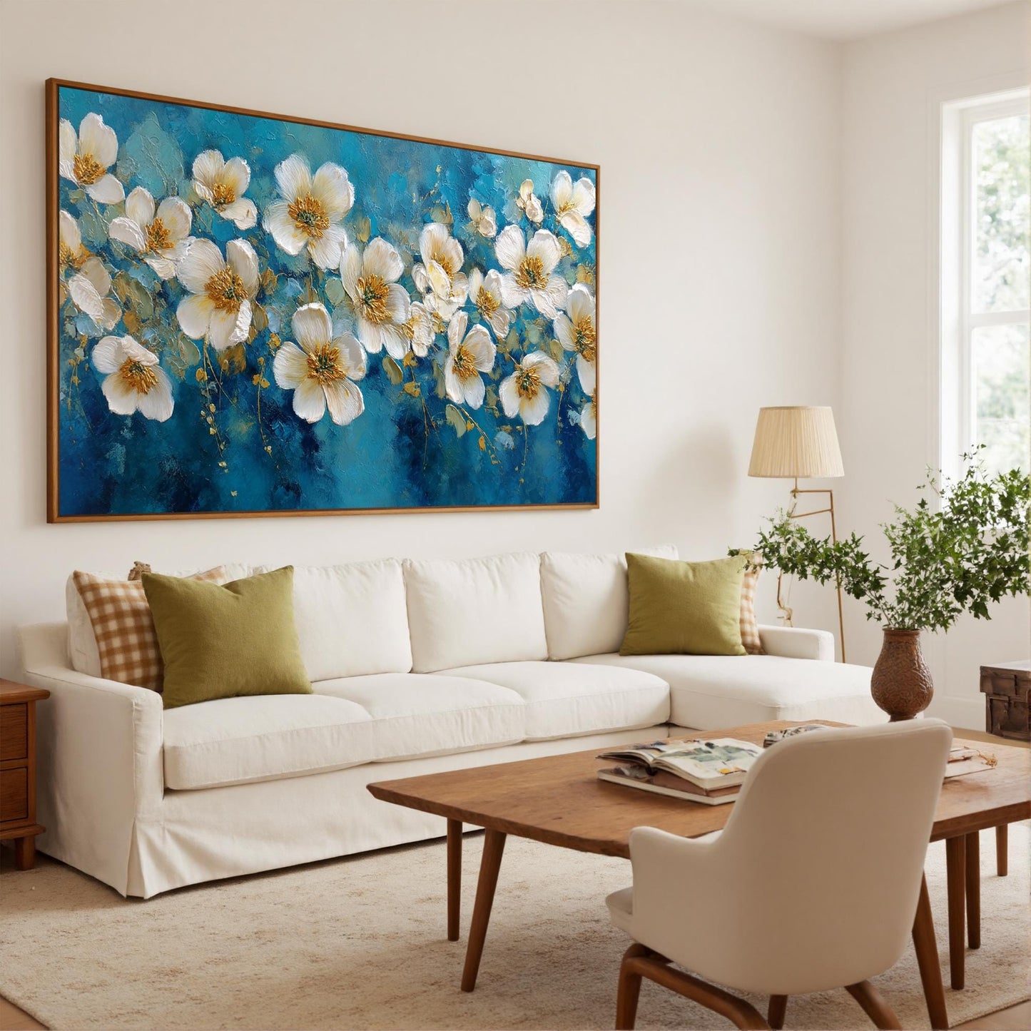 Abstract White Blossom Painting, Textured Floral Wall Art, Modern Living Room Decor – Blue and Gold Floral Wall Art | Abstrac