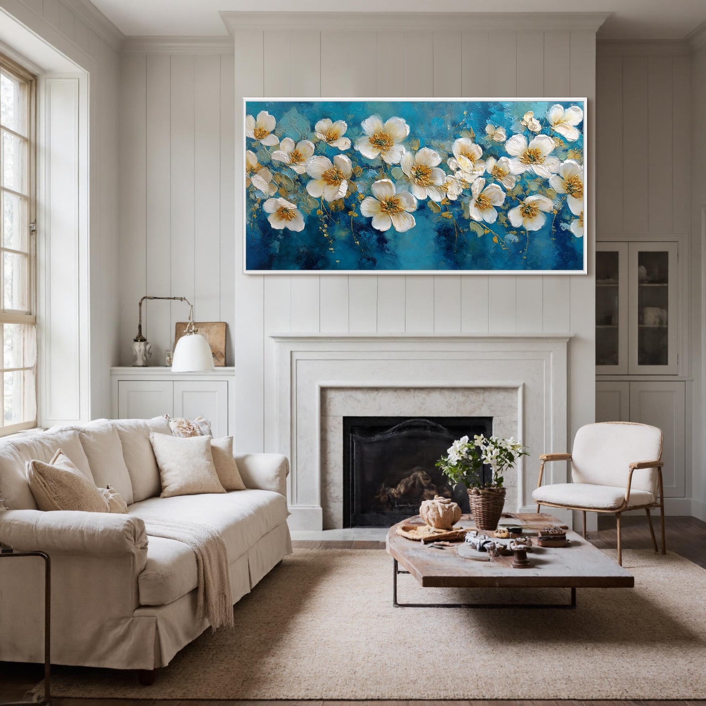 Blue and Gold Abstract Textured Floral Wall Art – Abstract White Blossom Painting