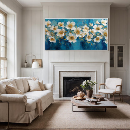 Blue and Gold Abstract Textured Floral Wall Art – Abstract White Blossom Painting