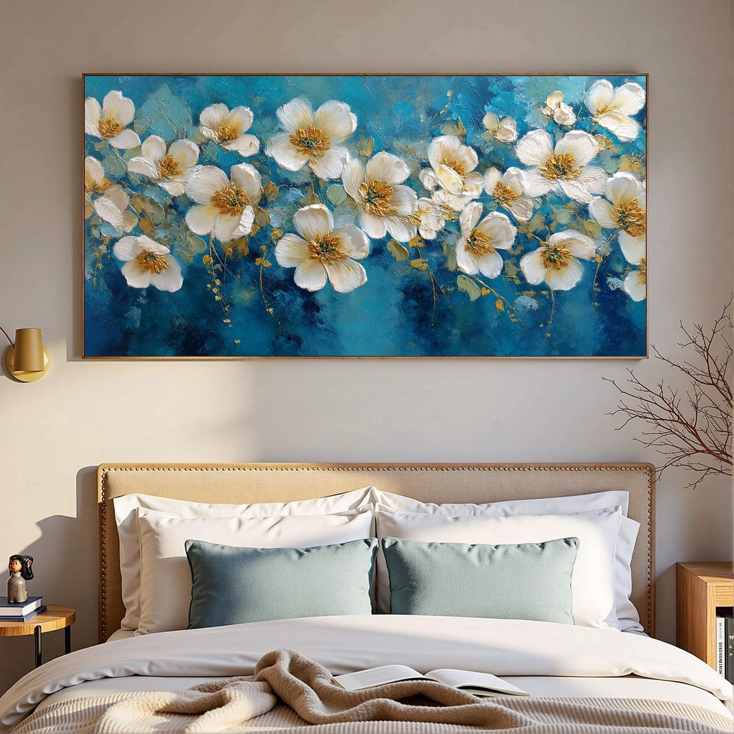 Abstract White Blossom Painting, Textured Floral Wall Art, Modern Living Room Decor – Blue and Gold Floral Wall Art | Abstrac