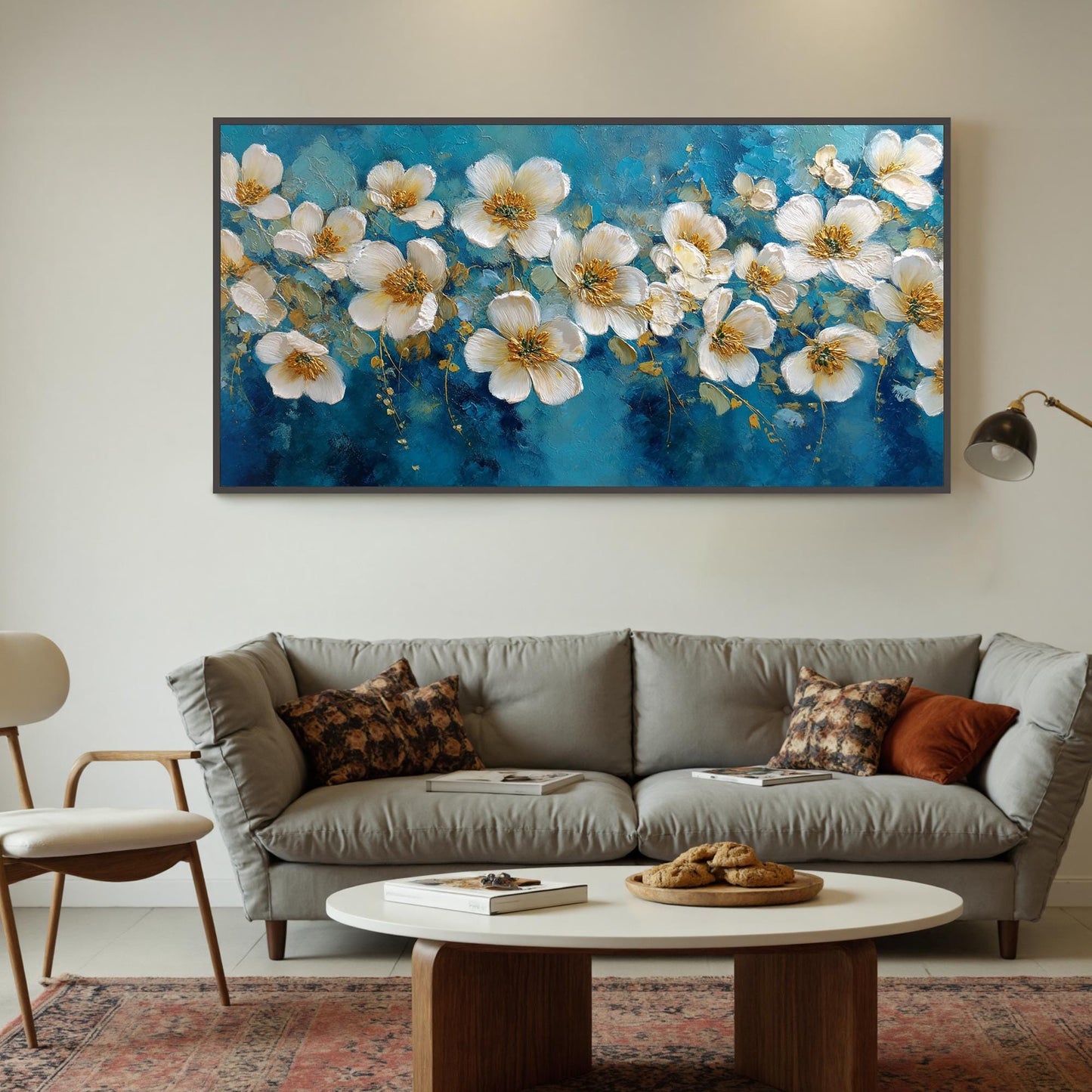 Blue and Gold Abstract Textured Floral Wall Art – Abstract White Blossom Painting