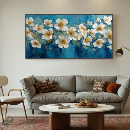 Blue and Gold Abstract Textured Floral Wall Art – Abstract White Blossom Painting