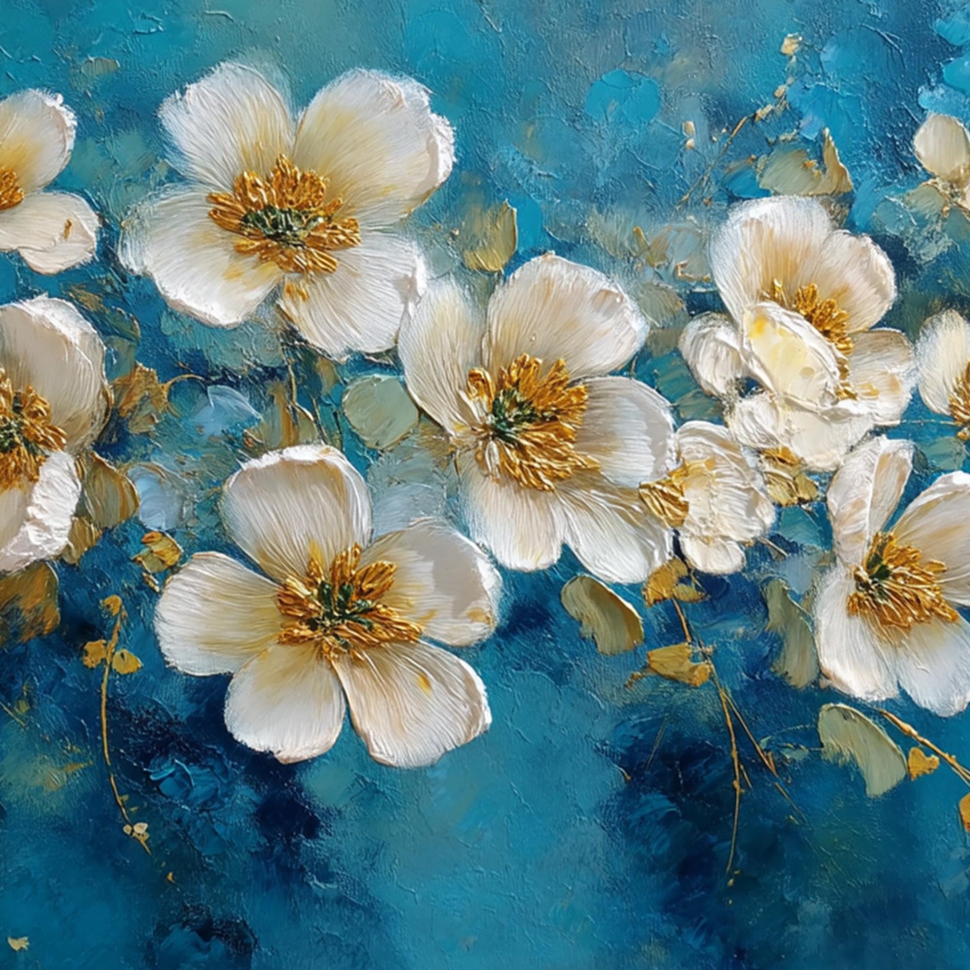 Abstract White Blossom Painting, Textured Floral Wall Art, Modern Living Room Decor – Blue and Gold Floral Wall Art | Abstrac