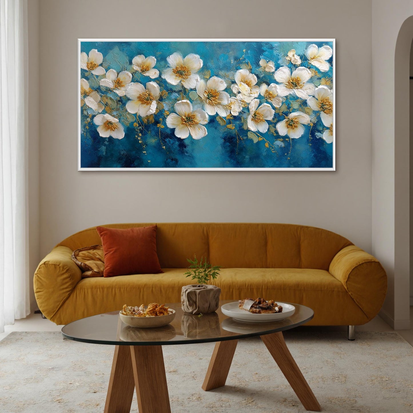 Blue and Gold Abstract Textured Floral Wall Art – Abstract White Blossom Painting
