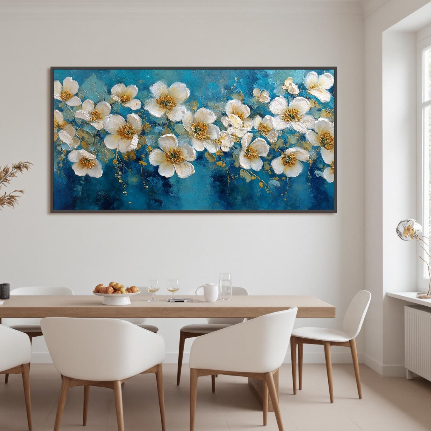 Abstract White Blossom Painting, Textured Floral Wall Art, Modern Living Room Decor – Blue and Gold Floral Wall Art | Abstrac
