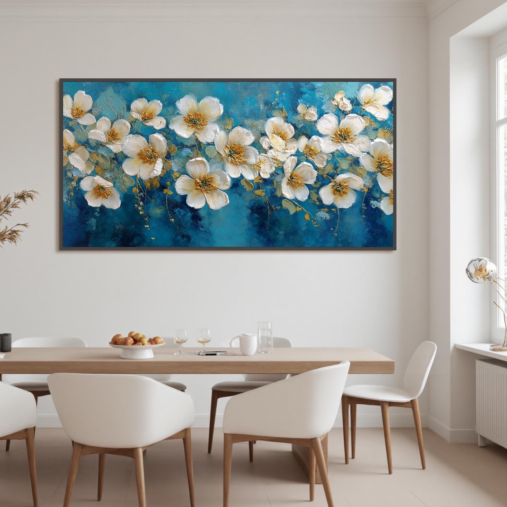Abstract White Blossom Painting, Textured Floral Wall Art, Modern Living Room Decor – Blue and Gold Floral Wall Art | Abstrac