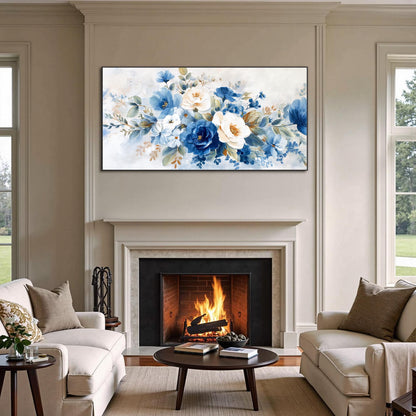 Blue and White Abstract Textured Floral Wall Art – Elegant Flowers Decor