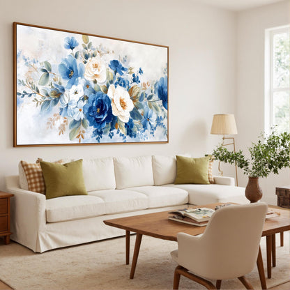 Blue and White Abstract Textured Floral Wall Art – Elegant Flowers Decor