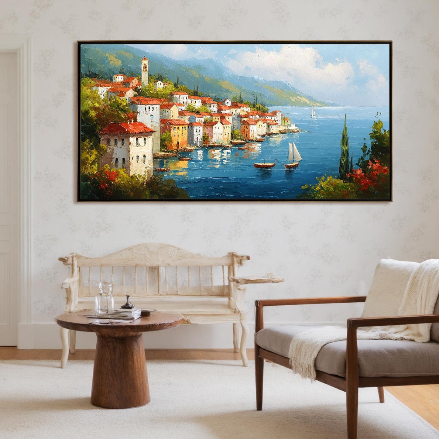 Textured Oil Painting, Coastal Village Landscape, Houses Sailboats Seaside Art – Village City Architecture Wall Art | Texture