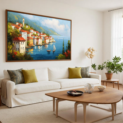 Textured Oil Painting, Coastal Village Landscape, Houses Sailboats Seaside Art – Village City Architecture Wall Art | Texture
