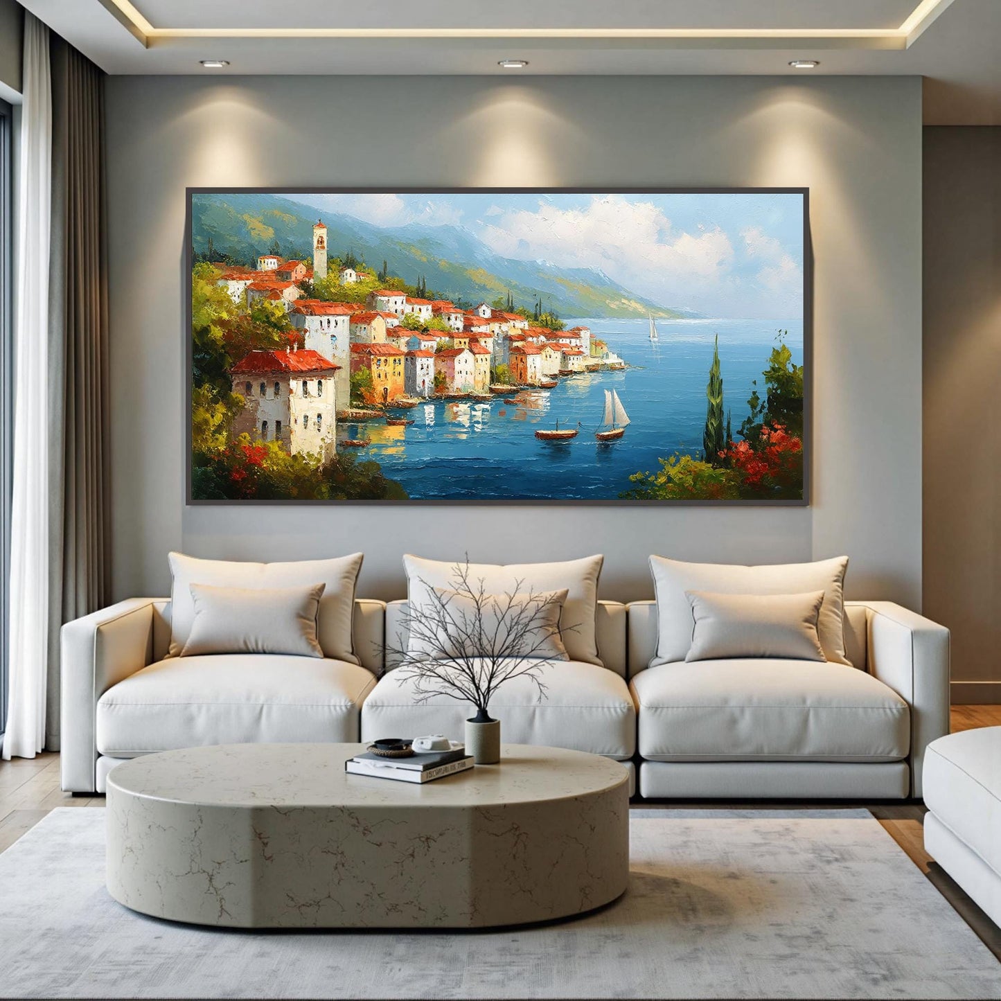 Textured Oil Painting, Coastal Village Landscape, Houses Sailboats Seaside Art – Village City Architecture Wall Art | Texture