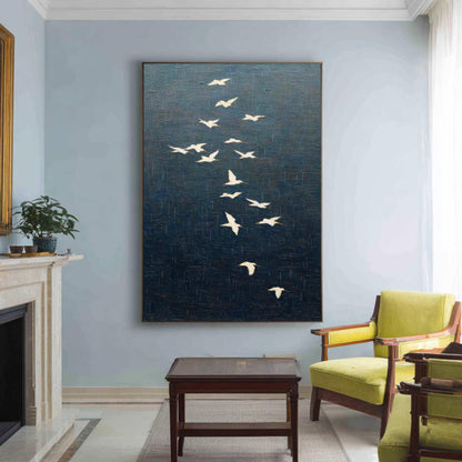 White Crane Bird Flock Wall Art Dark Blue Textured Canvas Painting for Entryway Decor